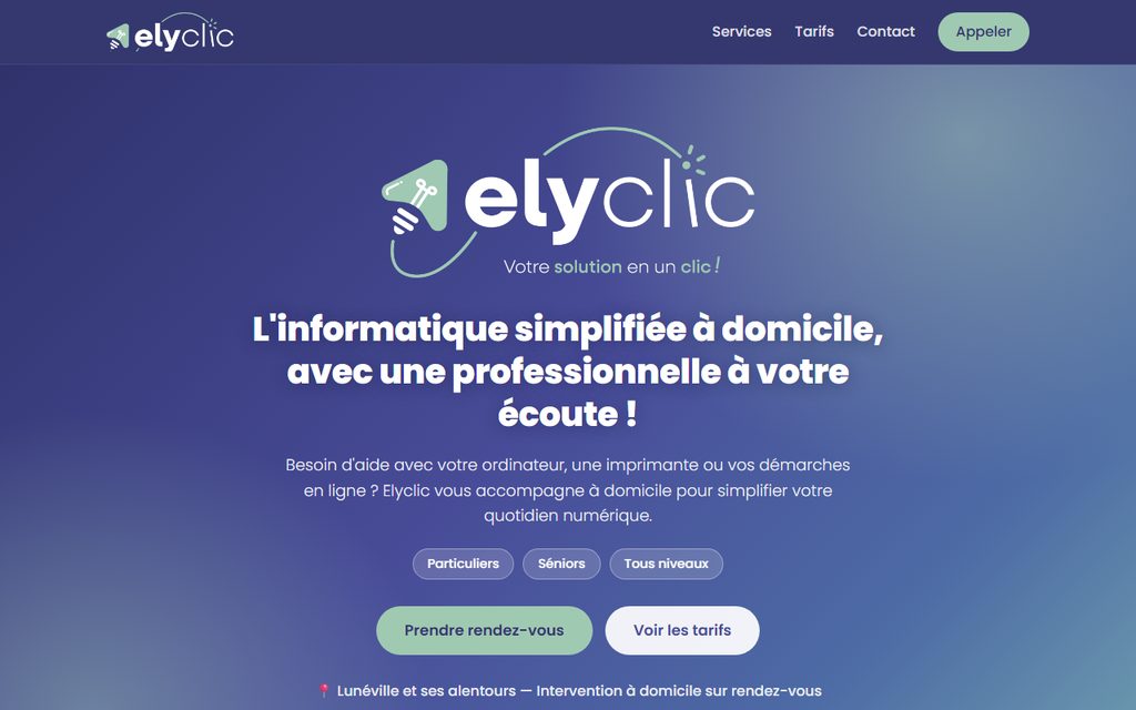 Page d'accueil du site Elyclic, assistance informatique à domicile